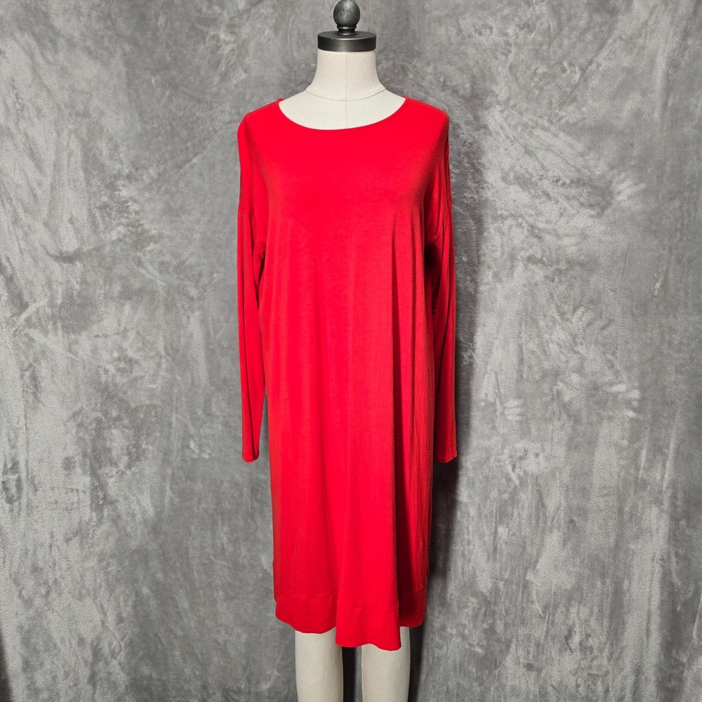 Eileen Fisher Red Long Sleeve‎ Crew Neck Shift Dress M/M Viscose Spandex Basic